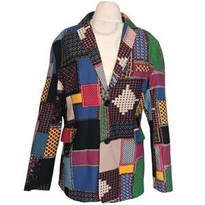 Patchwork Jacket Women's Medium Cotton Lined 70s Black Green Yellow Red Pockets